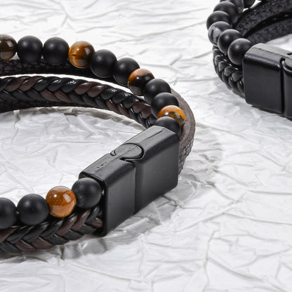 Stone Bead Leather Men's Magnetic Buckle Bracelet Handmade Woven Tiger Eye Obsidian Bracelet