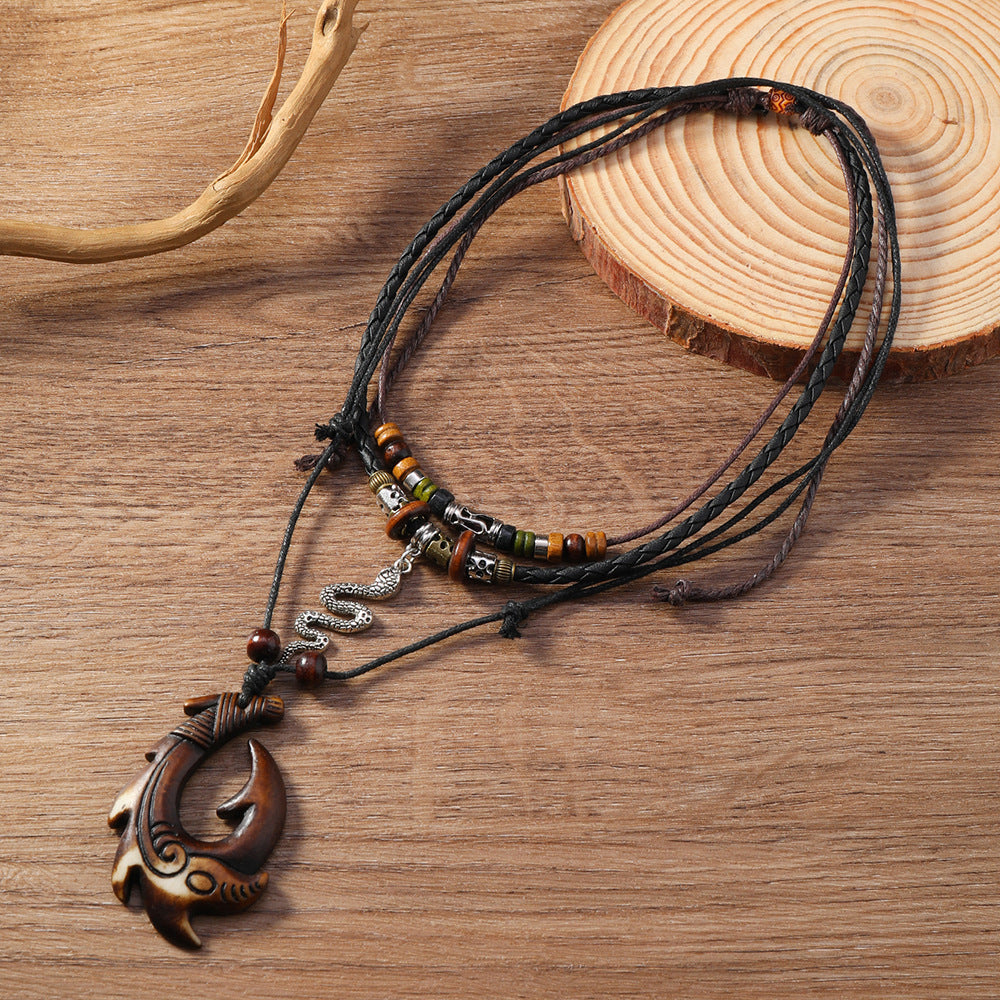 Vintage Braided Alloy Pendant Necklace Long Drawstring Design Hand Beaded Layers Unisex Accessory