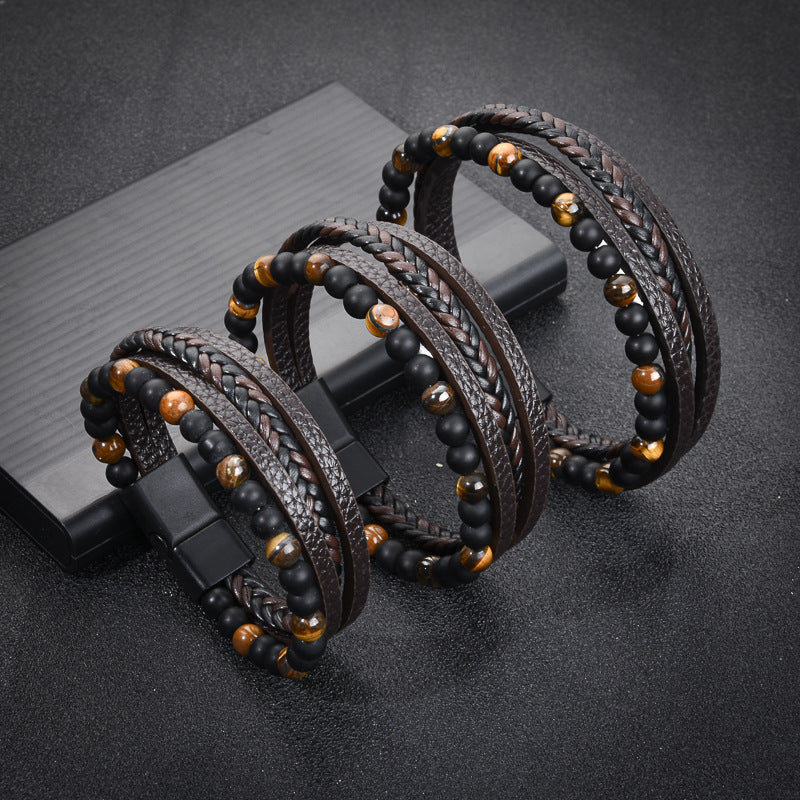 Stone Bead Leather Men's Magnetic Buckle Bracelet Handmade Woven Tiger Eye Obsidian Bracelet
