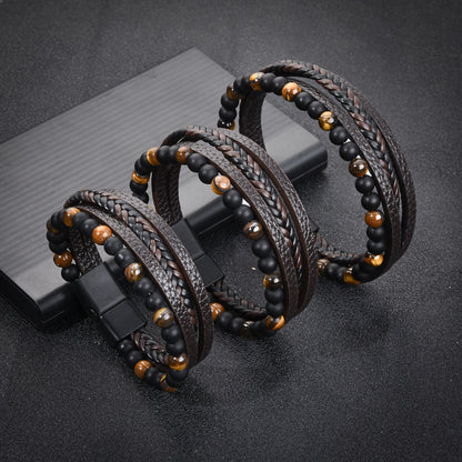Stone Bead Leather Men's Magnetic Buckle Bracelet Handmade Woven Tiger Eye Obsidian Bracelet