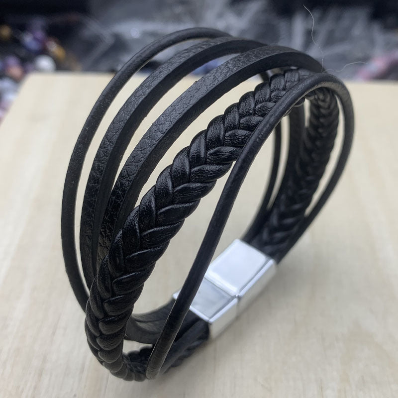 Stone Bead Leather Men's Magnetic Buckle Bracelet Handmade Woven Tiger Eye Obsidian Bracelet