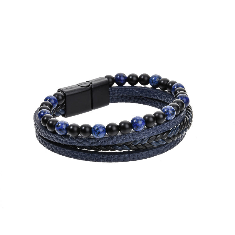 Stone Bead Leather Men's Magnetic Buckle Bracelet Handmade Woven Tiger Eye Obsidian Bracelet