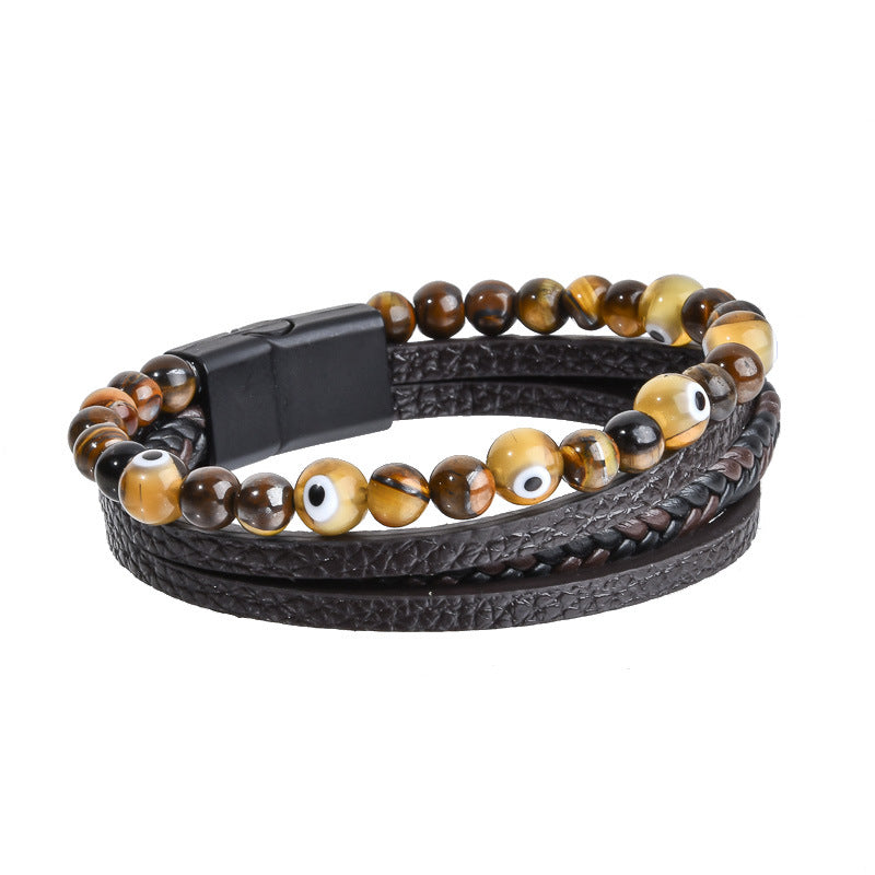 Stone Bead Leather Men's Magnetic Buckle Bracelet Handmade Woven Tiger Eye Obsidian Bracelet
