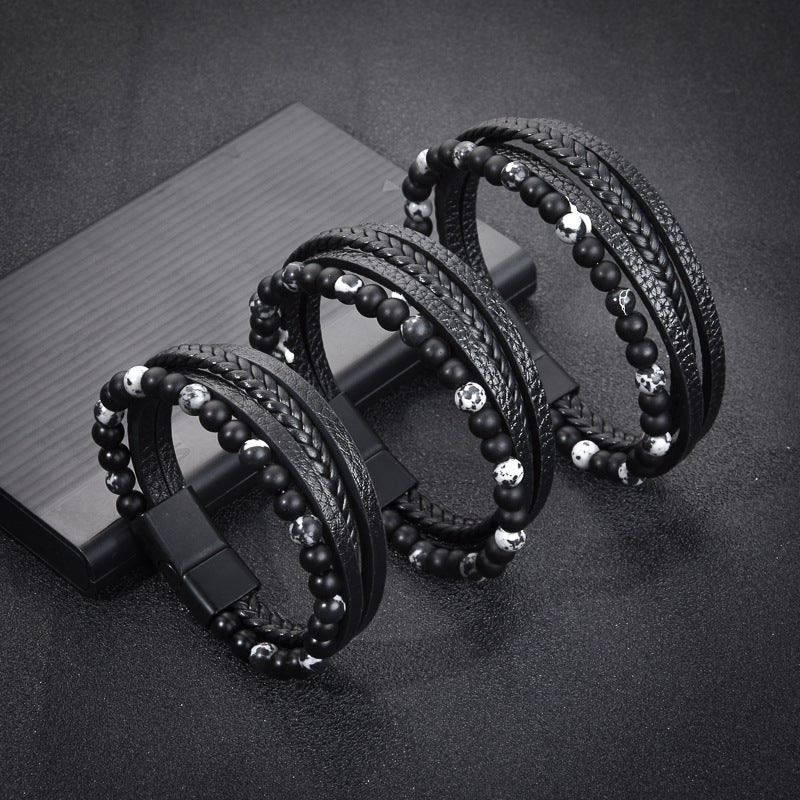 Stone Bead Leather Men's Magnetic Buckle Bracelet Handmade Woven Tiger Eye Obsidian Bracelet