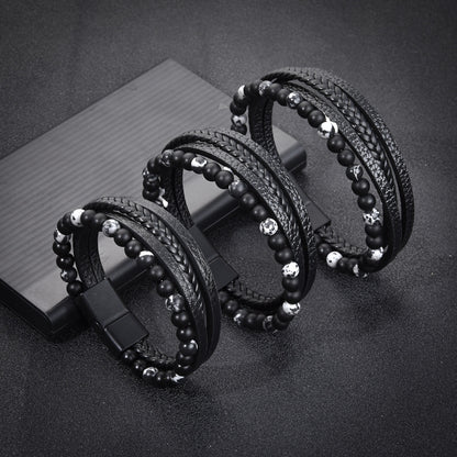 Stone Bead Leather Men's Magnetic Buckle Bracelet Handmade Woven Tiger Eye Obsidian Bracelet