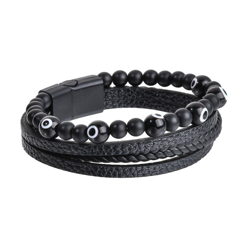Stone Bead Leather Men's Magnetic Buckle Bracelet Handmade Woven Tiger Eye Obsidian Bracelet