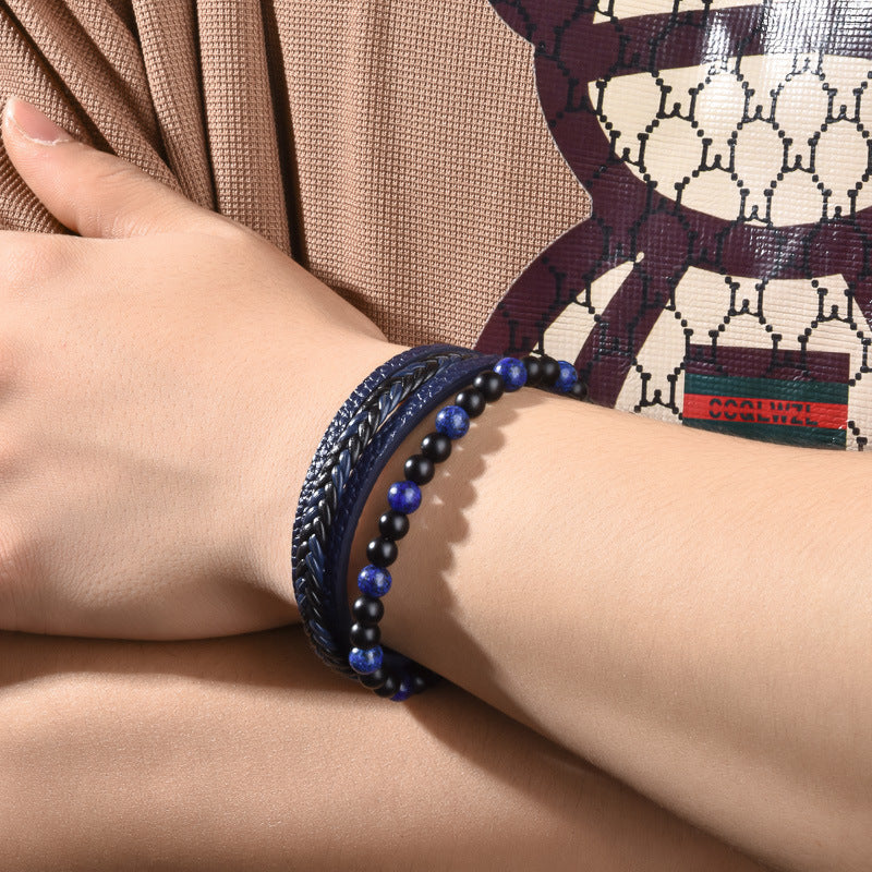 Stone Bead Leather Men's Magnetic Buckle Bracelet Handmade Woven Tiger Eye Obsidian Bracelet