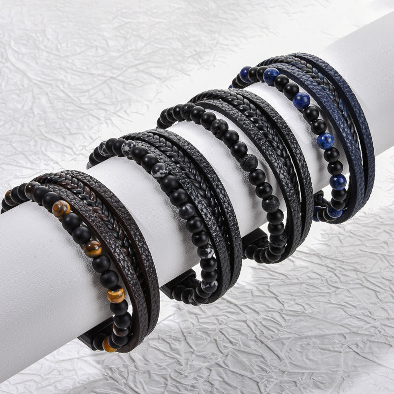Stone Bead Leather Men's Magnetic Buckle Bracelet Handmade Woven Tiger Eye Obsidian Bracelet