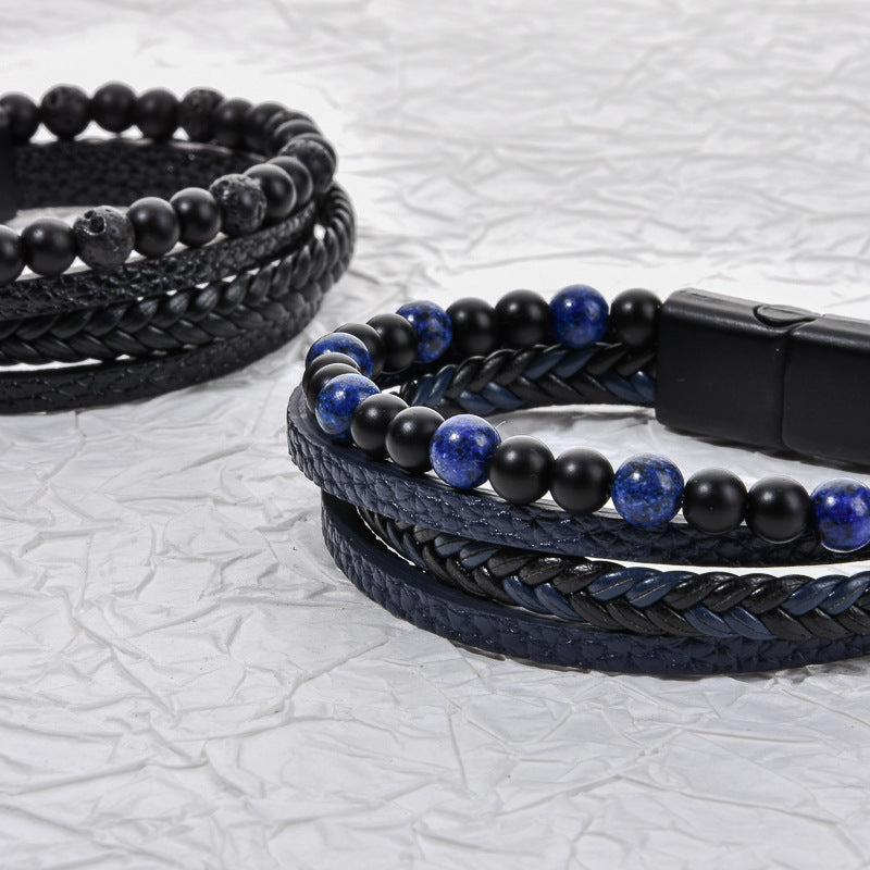 Stone Bead Leather Men's Magnetic Buckle Bracelet Handmade Woven Tiger Eye Obsidian Bracelet