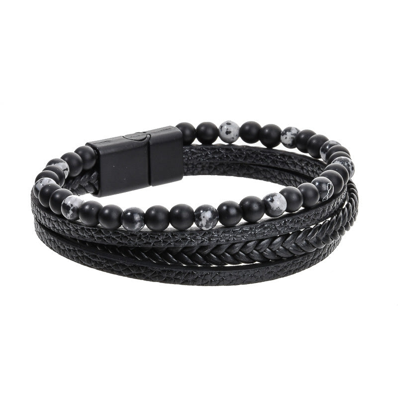 Stone Bead Leather Men's Magnetic Buckle Bracelet Handmade Woven Tiger Eye Obsidian Bracelet