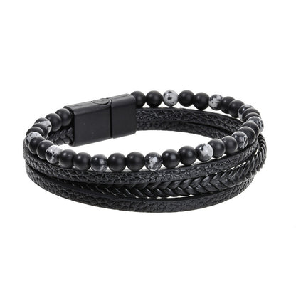 Stone Bead Leather Men's Magnetic Buckle Bracelet Handmade Woven Tiger Eye Obsidian Bracelet