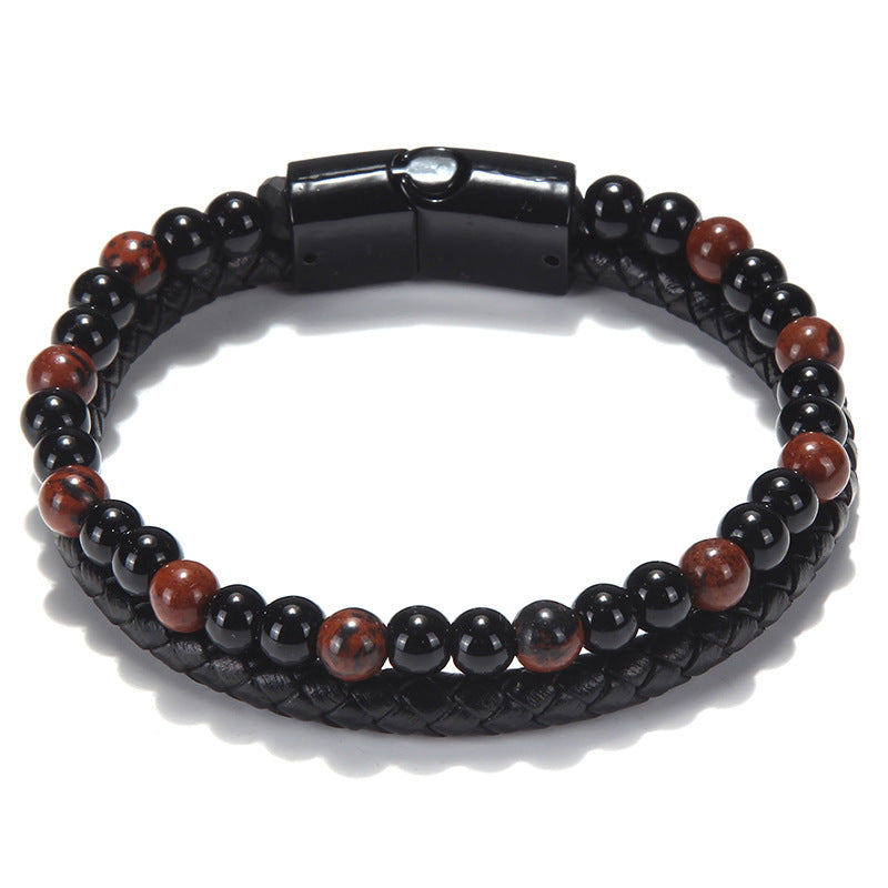 Stone Bead Leather Men's Magnetic Buckle Bracelet Handmade Woven Tiger Eye Obsidian Bracelet