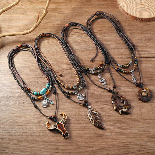 Vintage Braided Alloy Pendant Necklace Long Drawstring Design Hand Beaded Layers Unisex Accessory