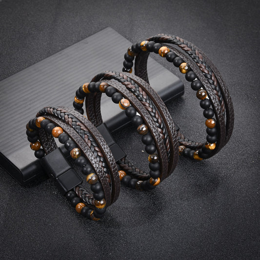 Stone Bead Leather Men's Magnetic Buckle Bracelet Handmade Woven Tiger Eye Obsidian Bracelet
