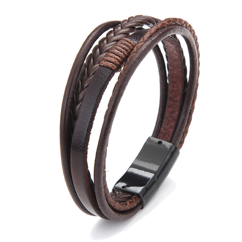 Stone Bead Leather Men's Magnetic Buckle Bracelet Handmade Woven Tiger Eye Obsidian Bracelet