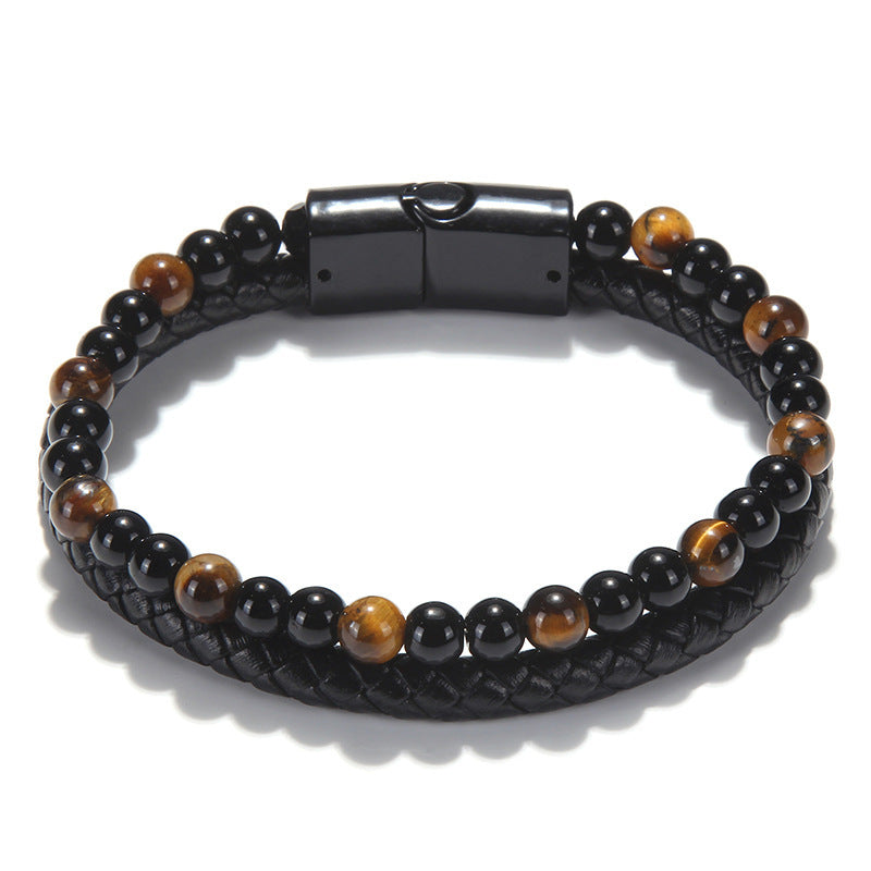 Stone Bead Leather Men's Magnetic Buckle Bracelet Handmade Woven Tiger Eye Obsidian Bracelet