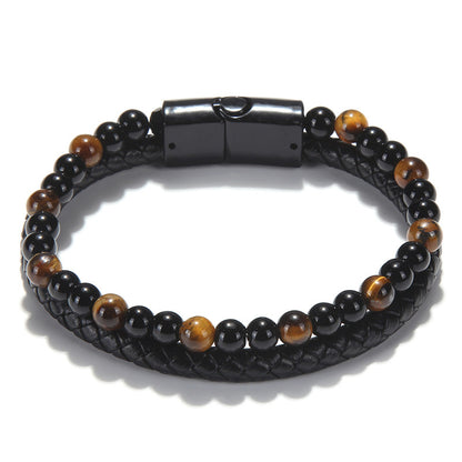 Stone Bead Leather Men's Magnetic Buckle Bracelet Handmade Woven Tiger Eye Obsidian Bracelet